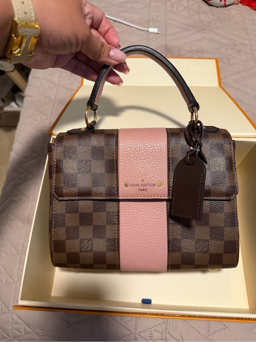 Louis Vuitton Brown Damier Canvas Top Handle with Pink Strap